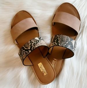 Size 6.5, Qupid brand, blush and snakeskin double strap sandal